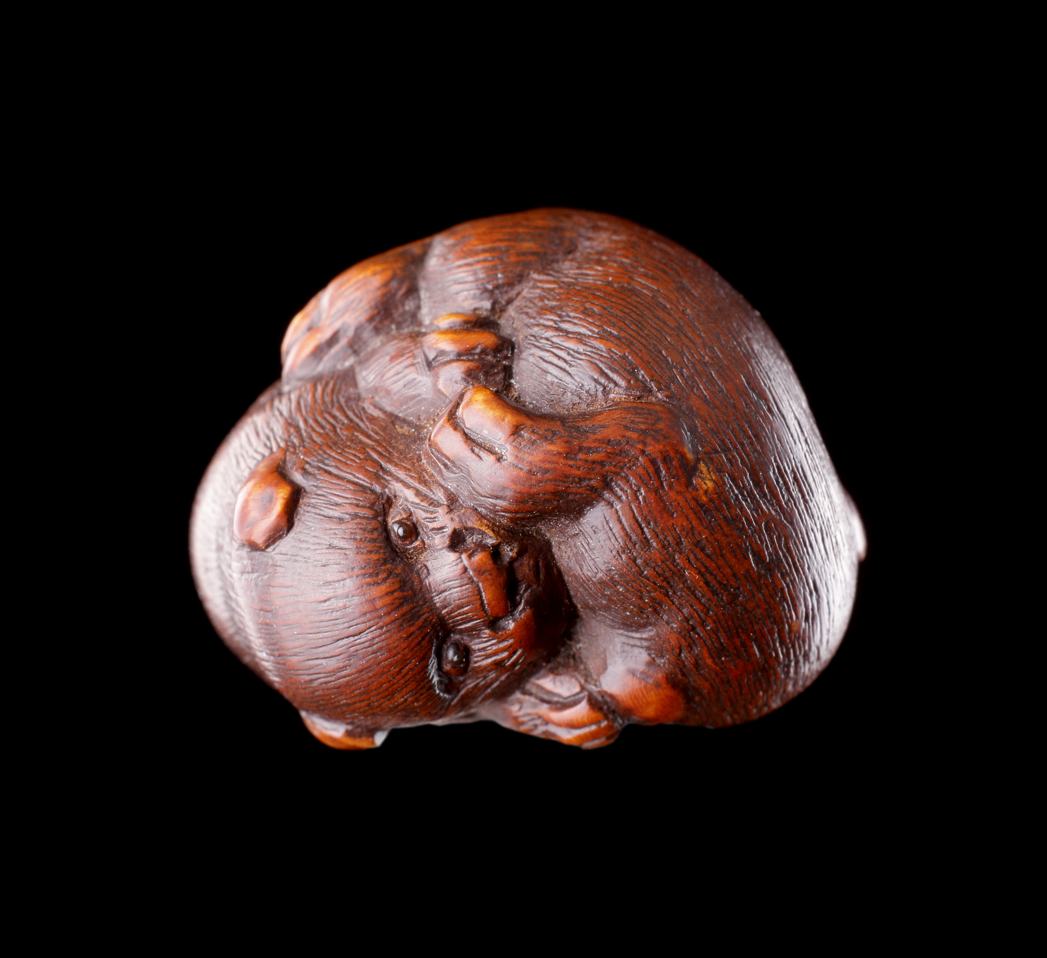 A Finely Carved Wood Netsuke of Two Puppy Dogs Playing